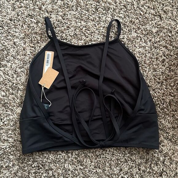 NWT SKIMS Recycled Swim High Neck Back Tie Onyx Black Top - Picture 4 of 7